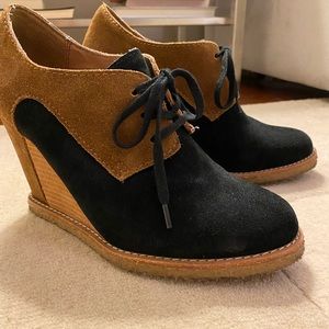 Pilcro and the Letterpress Oxford Wedges Booties Brown Black Suede sz 9